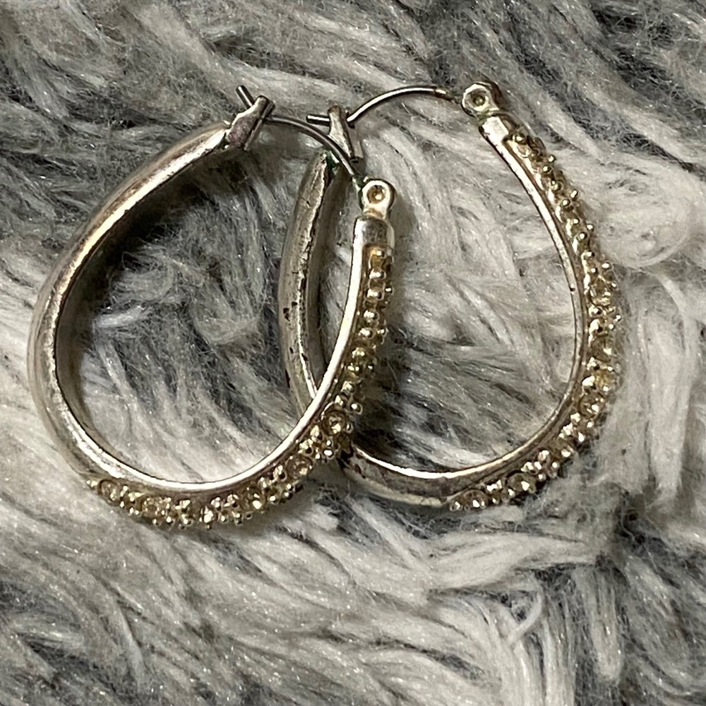 Silver Tone Oval Hoop Earrings with Crystal Accents Women's Jewelry - Picture 2 of 3